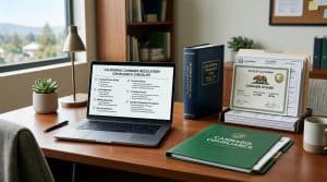 computer with a book on a desk